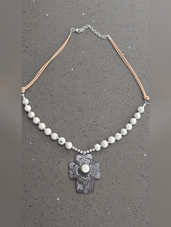 Bohemian Cowgirl Jewelry - White Howlite Beaded Cross Necklace with Tan Cord